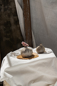 桌上手工制作的双陶瓷花瓶中的干花。