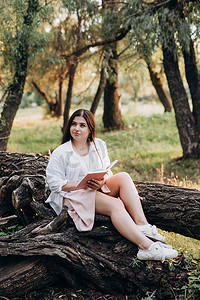 花漾年华摄影照片_穿白衣服的小女孩坐在森林里的一棵树上