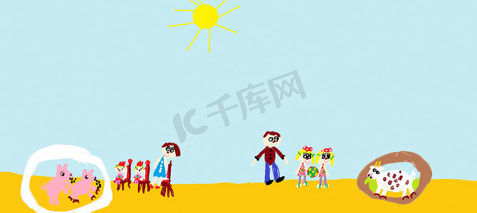 夏天儿童画摄影照片_儿童绘画，儿童画了不同的动物和虚构人物。