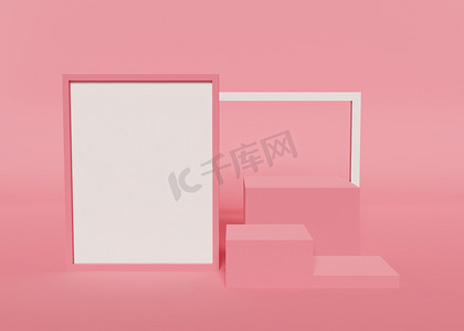文本框摄影照片_带立方体和文本框的粉红色背景产品架