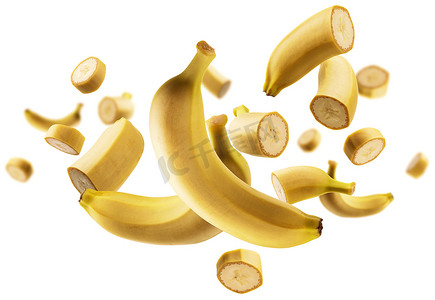 白色背景中悬浮的香蕉片