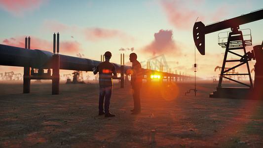 石油工人和商人在油泵背景下的日落时分在管道附近交谈。 