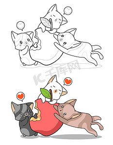 卡通可爱的小猫摄影照片_可爱的猫很容易吃大苹果卡通着色页