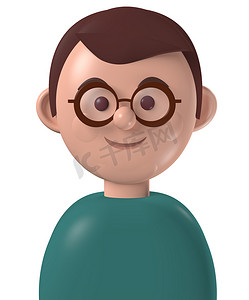 卡通人物 3d 快乐的年轻人，棕色头发和眼镜