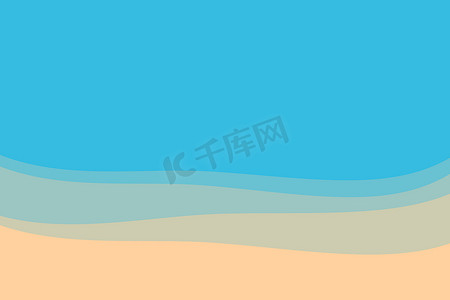 蓝色的海滩和大海与剪纸风格的夏季背景。