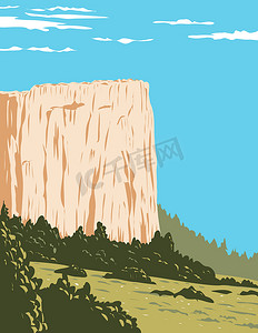 美国新墨西哥州 Cibola 县埃尔莫罗国家纪念碑的岩石悬崖上的铭文 WPA 海报艺术