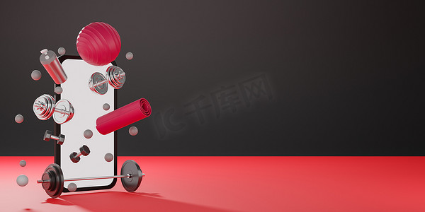 运动健身器材：黑色和红色背景的白色屏幕移动模型、红色瑜伽垫、健身球、瓶装水、哑铃和杠铃。 