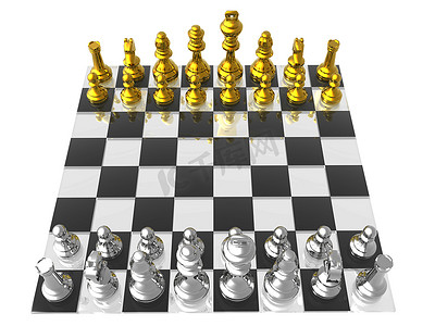 带金属棋子的国际象棋棋盘