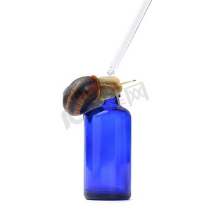 棕色蜗牛坐在蓝色玻璃透明瓶上，瓶子上有吸管，白色背景中的产品