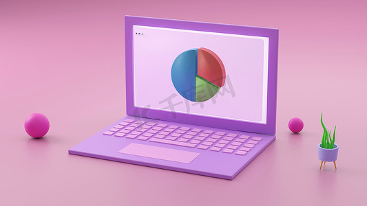 最小的概念，桌上的笔记本电脑办公桌粉红色和紫色，以及带有笔记本和杯子的文本模型。 