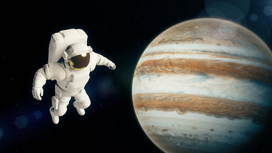 外层空间的宇航员飞越木星 3D 渲染