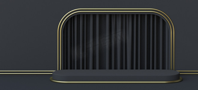 装饰边框线条摄影照片_抽象背景金色边框舞台与黑色窗帘 3D