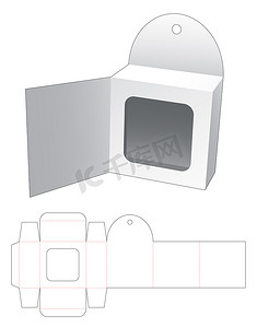 包装设计展示图摄影照片_挂孔翻盖包装，带橱窗展示模切模板