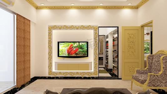 边框纹理金色摄影照片_3d回报例证经典样式客厅电视单位。
