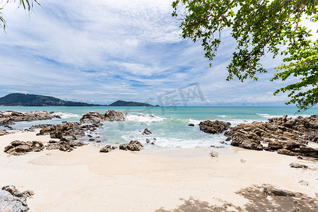 热带海滩上美丽的树叶框架树的暑假和假期背景概念。