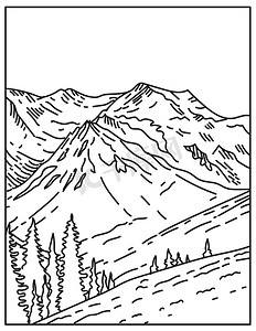 位于华盛顿州美国单线或单线黑白线艺术的奥林匹克国家公园冰川覆盖的奥林匹斯山山顶