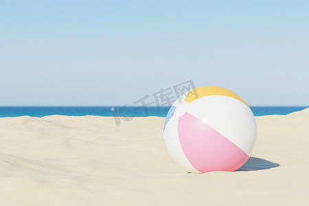 暑假背景与充气沙滩球和沙子，复制空间，3d 插图渲染