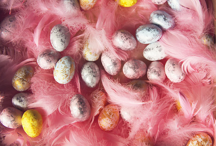 复活节组合物与小彩蛋和柔软羽毛的传统装饰。