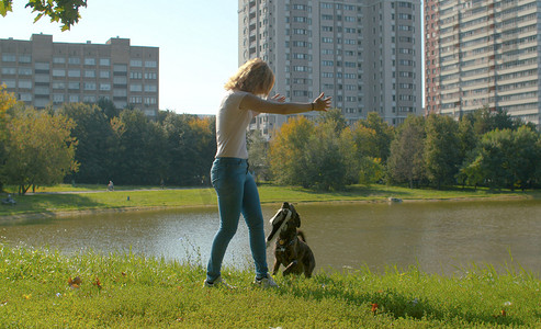 年轻的女主人和她的狗玩耍