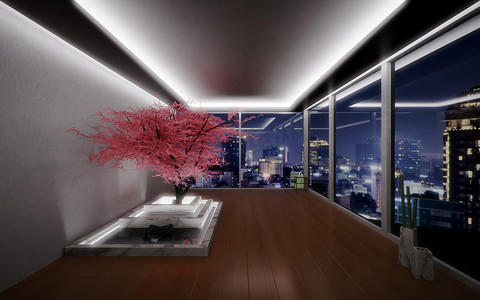 室内盆景摄影照片_禅宗风格的房间，室内空间有一棵粉红色的樱花树，可欣赏城市夜景。