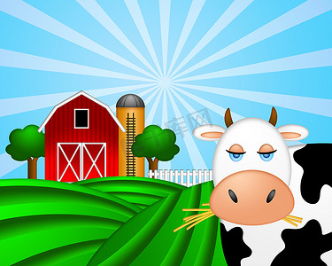 谷田摄影照片_绿色牧场上的奶牛与带粮仓的红色谷仓