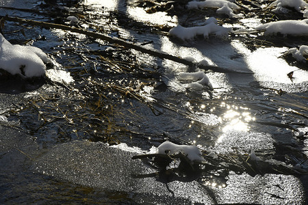 冬天的小溪，背光的冰