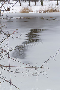 早春在结冰的池塘或湖泊中解冻水