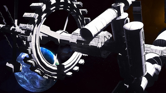 蓝色空间站摄影照片_蓝色地球上空的空间站飞行 3D 渲染