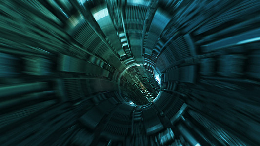 背景与梦幻般的灯光在科幻隧道中飞行。 