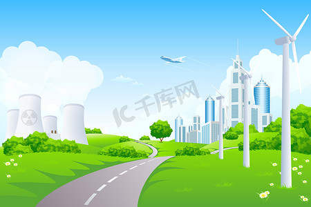 城市风车和核电站的绿色景观