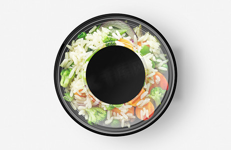 小麻薯贴纸摄影照片_带有贴纸样机的米饭蔬菜沙拉食品容器