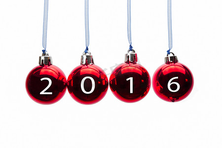 易拉宝圣诞节摄影照片_挂着 2016 年数字的红色圣诞球