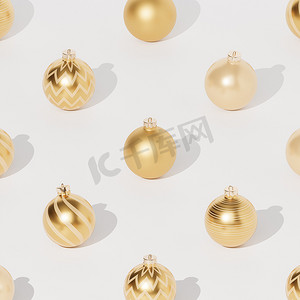 圣诞节或新年假期图案背景与金色的小玩意或装饰品，3d 渲染