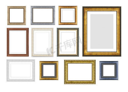 老式镜子摄影照片_一组用于图片或照片的老式木制框架，用于镜子的框架