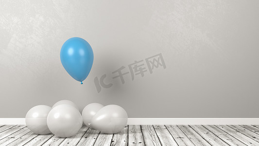 蓝色气球在白色人群中脱颖而出，思考不同的概念