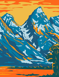 位于美国怀俄明州的大提顿国家公园白雪皑皑的山峰 WPA 海报艺术
