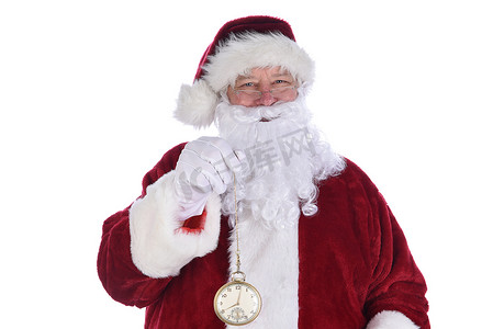 拿着一块大金怀表的圣诞老人特写镜头，隔绝在白色。