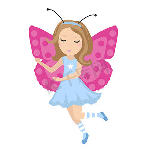 可爱的女孩蝴蝶图标在平面，卡通风格。