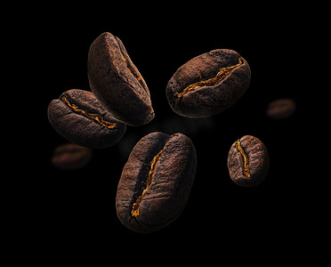 悬浮咖啡摄影照片_咖啡豆漂浮在黑色背景上