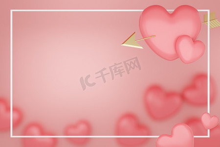 情人节的概念，粉红色的心与粉红色背景上的金色箭头。 