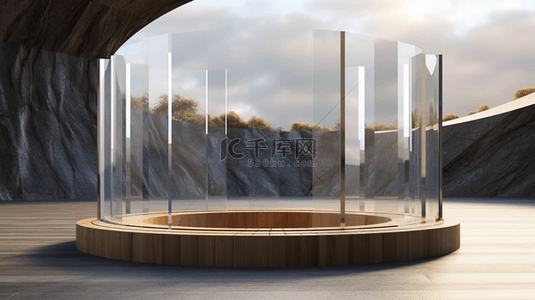 圆柱木讲台上的玻璃管拱3D渲染，背景是几块灰色花岗岩