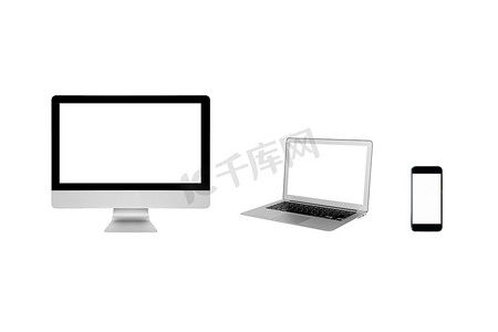 智能现代电脑 PC、笔记本电脑和智能手机，空白屏幕在白色背景下隔离。智能技术和物联网概念的照片设计。