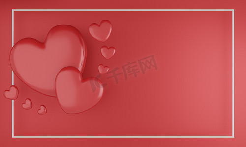 情人节的概念，红色背景上的红心气球。 
