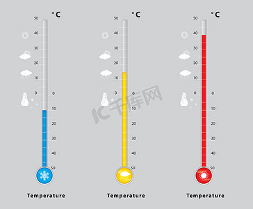 温度指示摄影照片_有不同温度的三个温度计，测量诊断