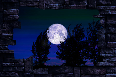 田野中的满虫月和剪影树，洞石墙中的夜空