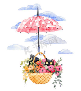 手绘黑色猫摄影照片_伞下篮子里有花的猫