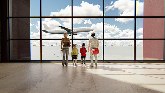 幸福的家庭在机场靠近窗户的地方看着飞机，等待日出时的飞行时间。 