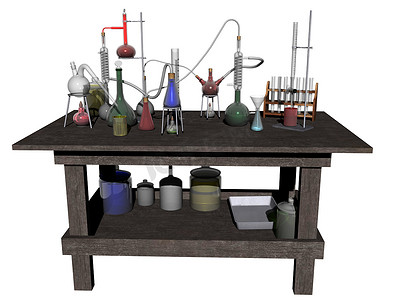 吸量管摄影照片_有许多玻璃和化学制品的实验室桌
