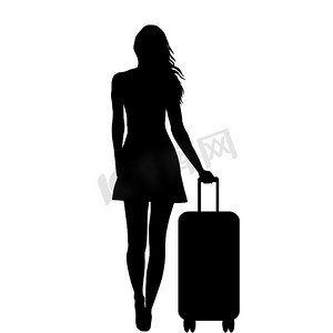 全长年轻女性剪影与旅行袋，隔离在白色背景