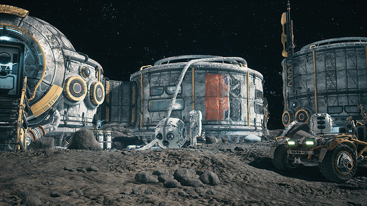 月球表面、月球殖民地和在月球车旁边的月球基地工作的宇航员的视图。 